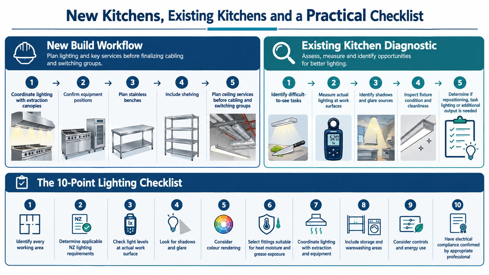 An infographic detailing steps for planning commercial kitchen lighting in new builds and existing facilities.