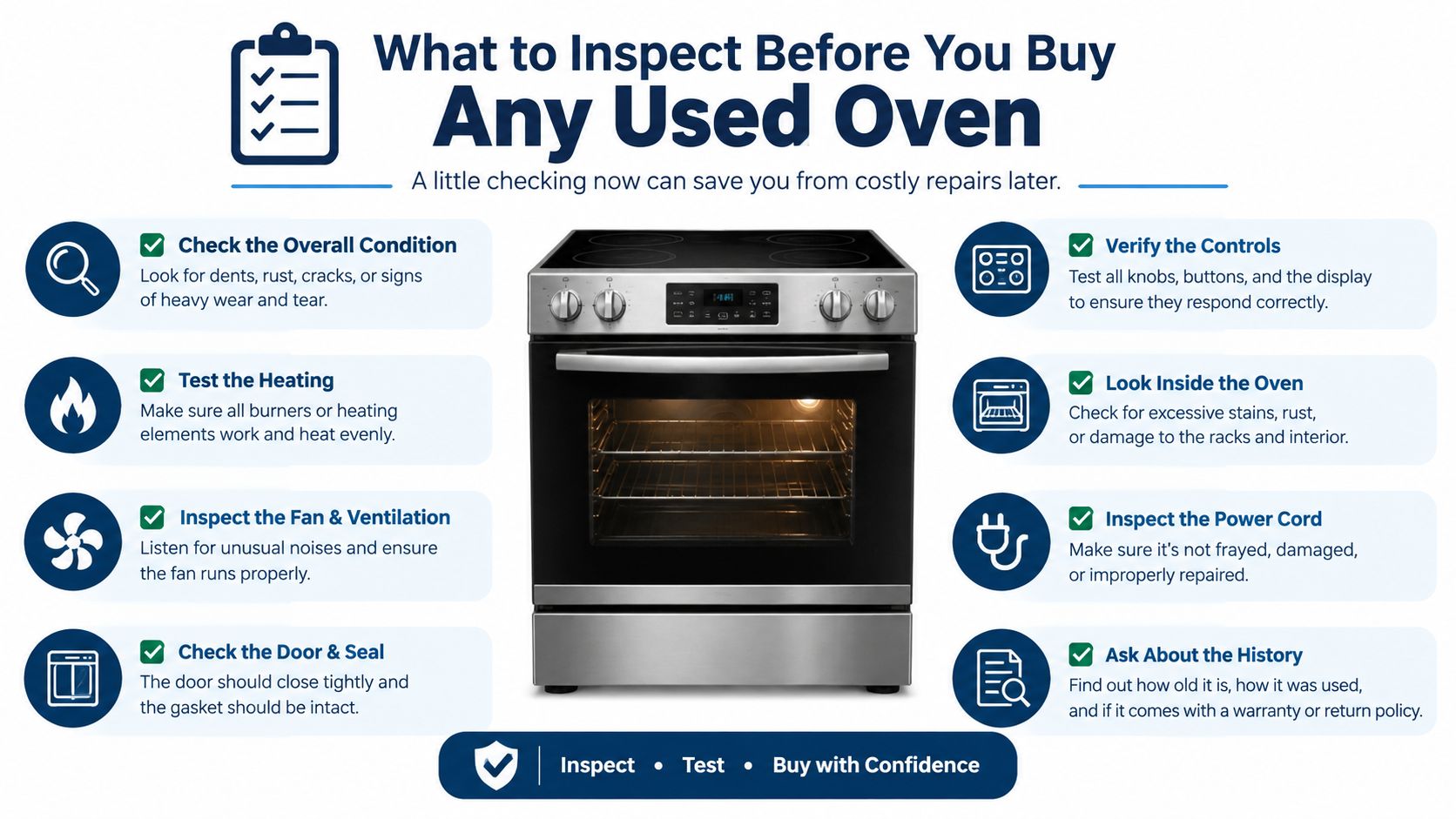 An infographic detailing essential inspection steps for buying a used oven, including checking condition, controls, and functionality.