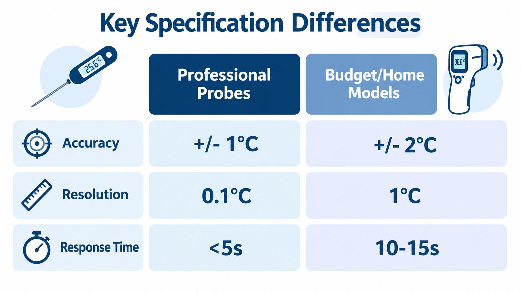 A comparison chart showing the key specification differences between professional probes and budget home thermometer models.