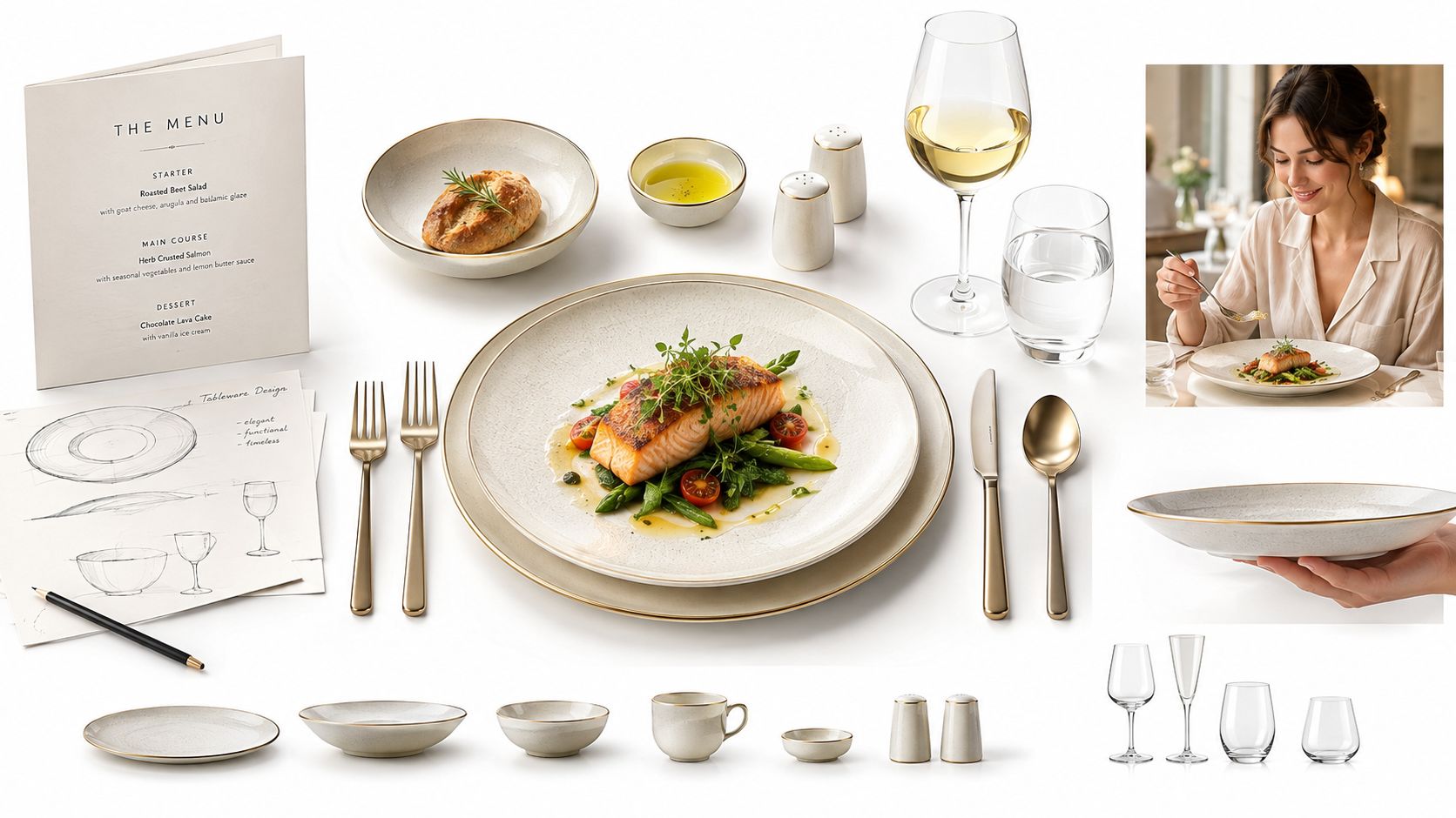 A professional flat lay display of elegant hospitality tableware, including salmon dishes, wine glasses, and menu designs.