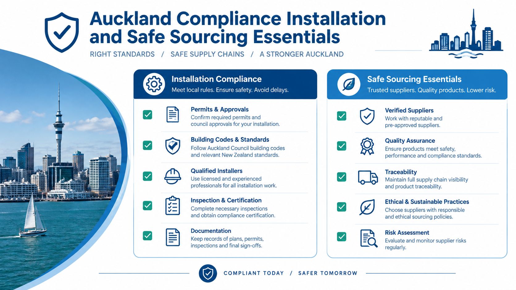 An infographic detailing Auckland installation compliance and safe sourcing essentials for ensuring safety and quality standards.
