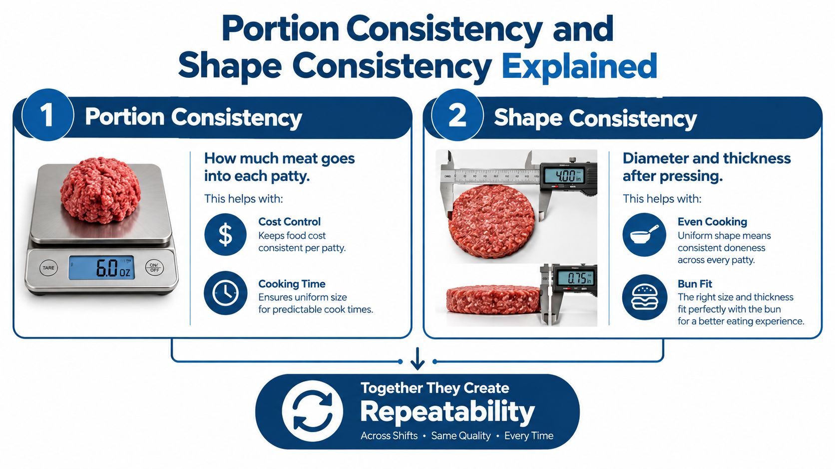 An infographic explaining how portion and shape consistency for burger patties ensures quality and repeatability in food service.