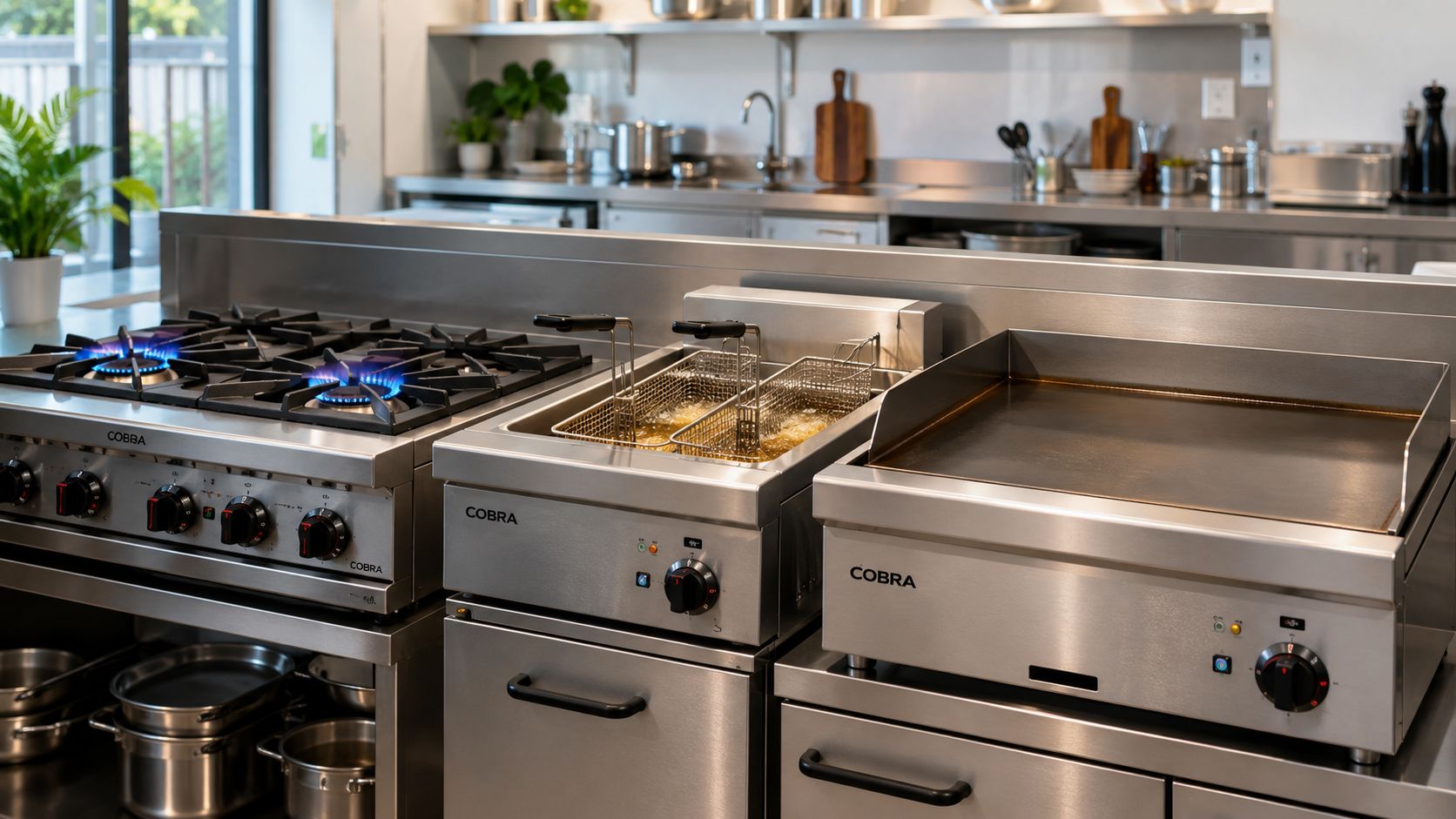 A professional stainless steel commercial kitchen setup featuring a Cobra gas stove, deep fryer, and griddle.