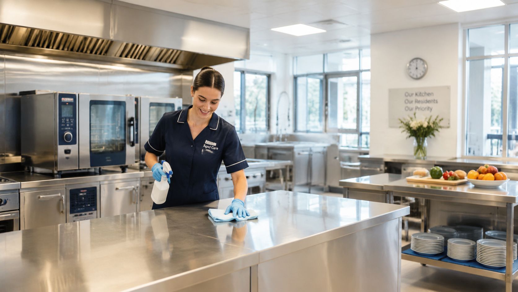 A professional staff member cleaning a stainless steel kitchen counter in a modern aged care facility.