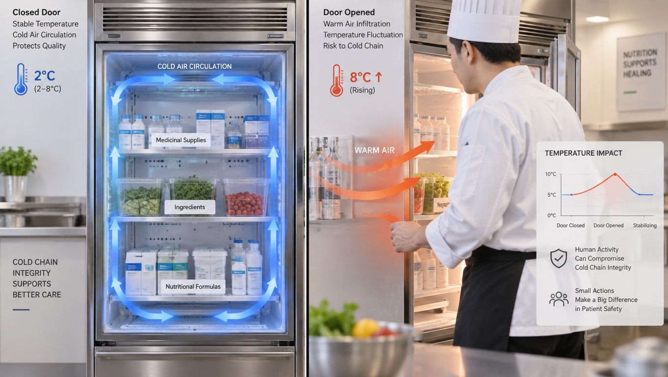 A side-by-side comparison showing how opening a refrigerator door in a healthcare setting causes temperature fluctuations.