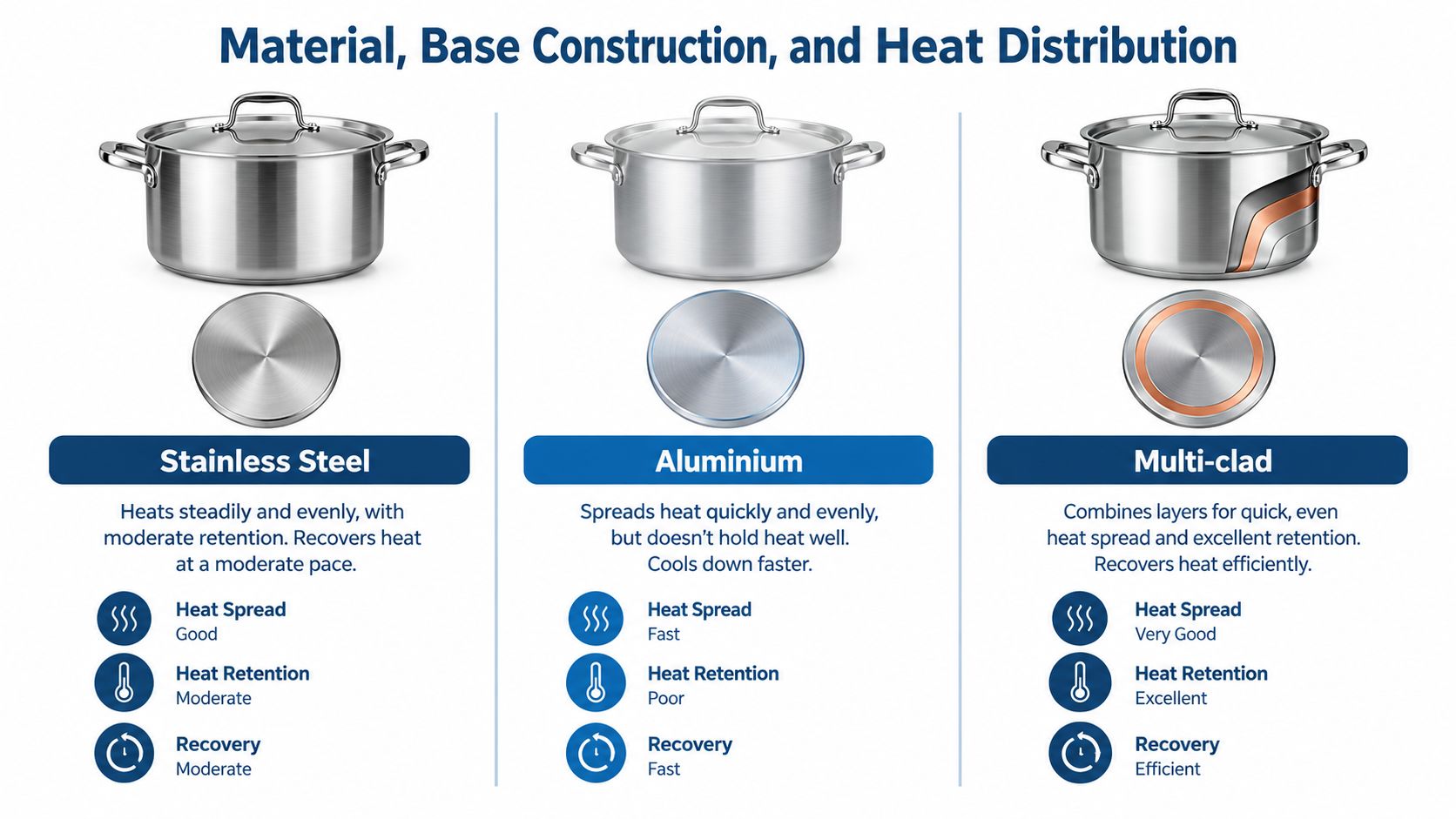 A comparison chart showing stainless steel, aluminium, and multi-clad cook pots with their heat distribution properties.