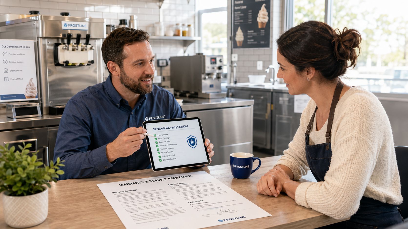 A service representative reviews a warranty and service agreement on a tablet with a business owner.