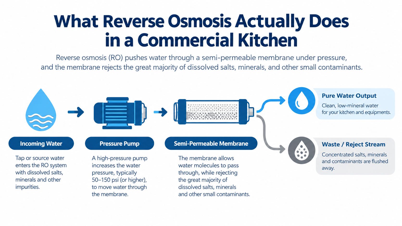 A diagram illustrating how a commercial reverse osmosis system purifies kitchen water by filtering out contaminants.