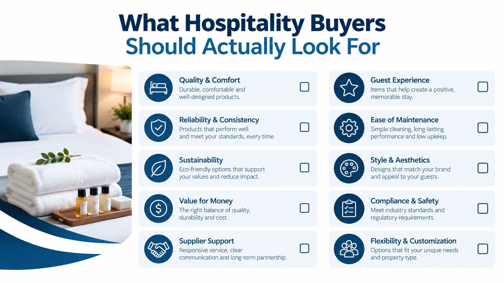 A checklist infographic titled What Hospitality Buyers Should Actually Look For in hotel supplies and products.