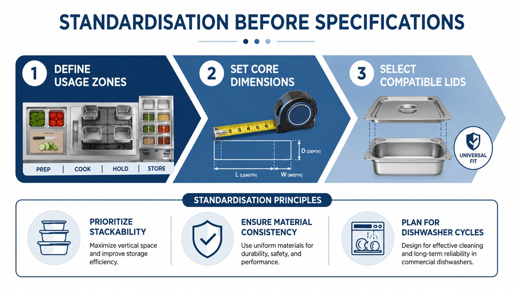 A diagram outlining the three-step process for kitchen standardization before selecting food storage containers for commercial kitchens.