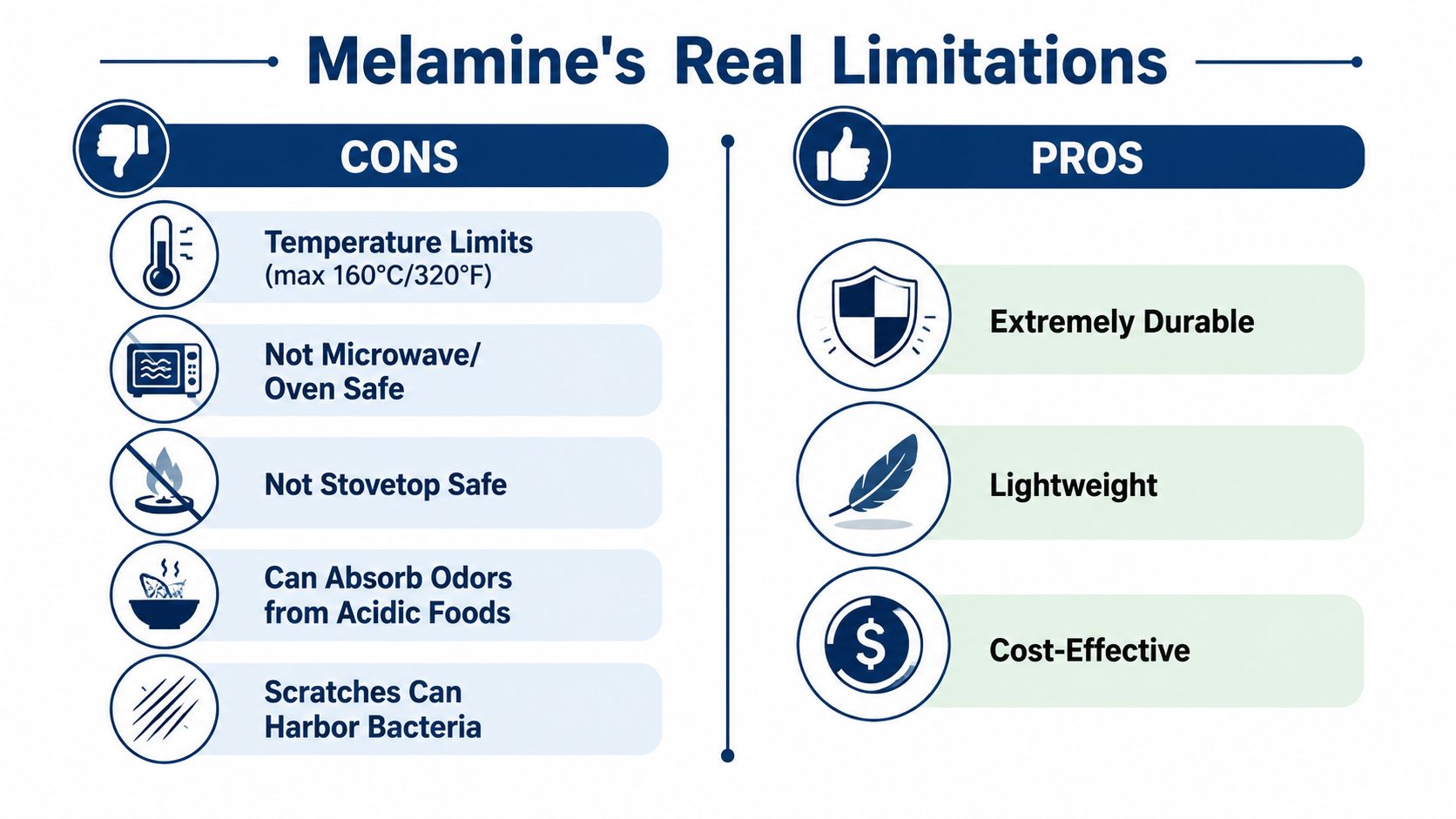 An infographic showing the pros and cons of melamine material including durability, temperature limits, and safety warnings.