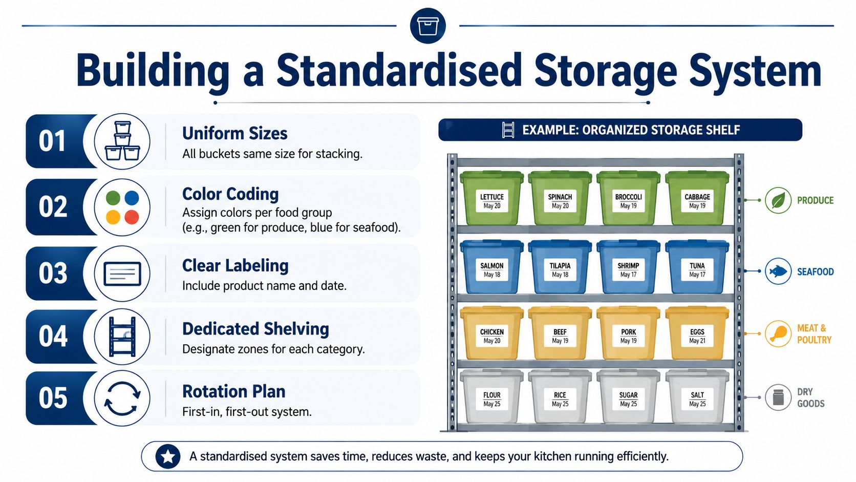 An infographic showing five steps for building a standardized food storage system using labeled buckets on shelves.