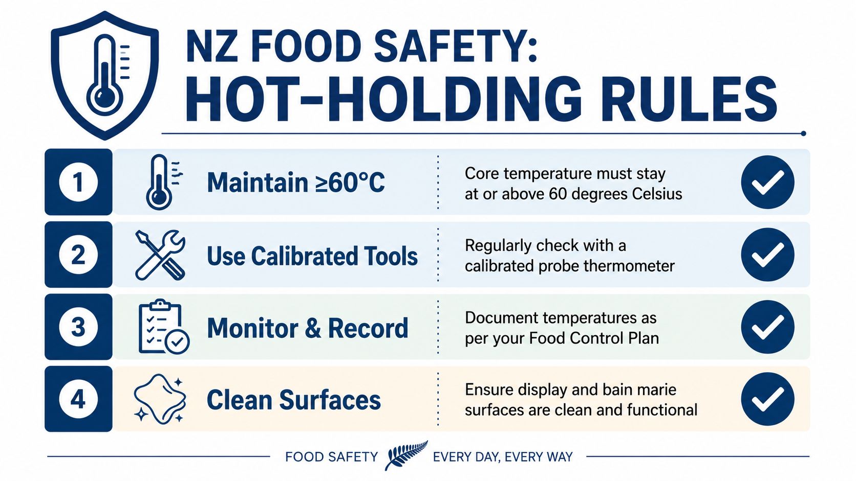An infographic detailing New Zealand food safety rules for hot-holding, including temperature, calibration, documentation, and cleanliness.