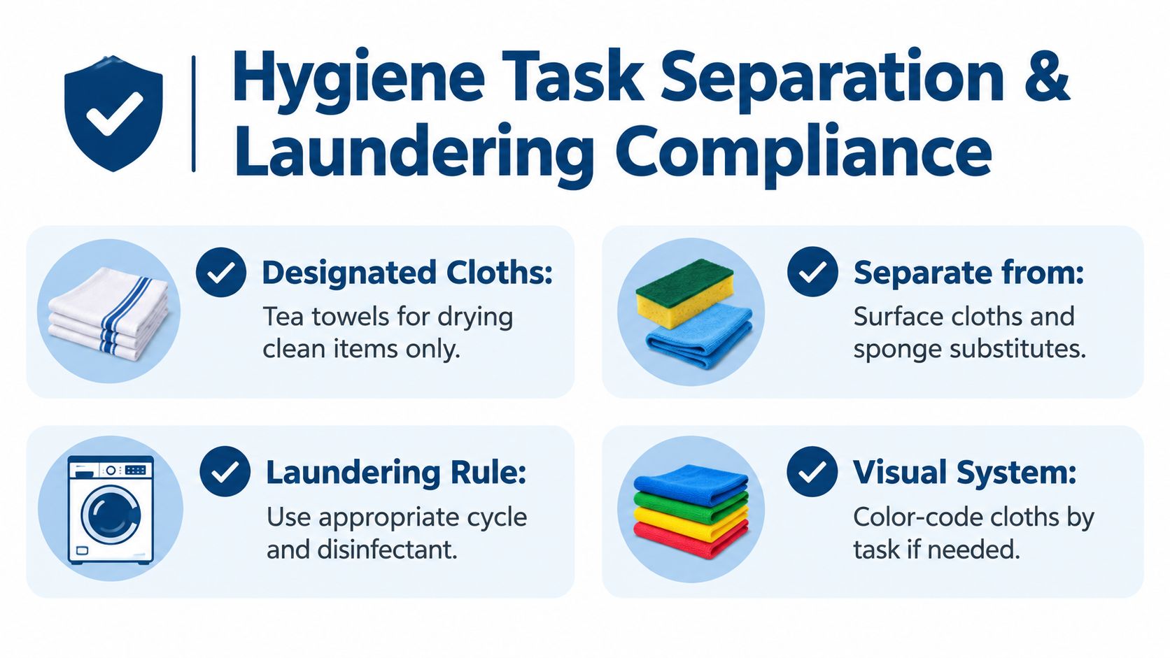 A hygiene infographic detailing task separation and laundering compliance for kitchen towels, sponges, and cleaning cloths.