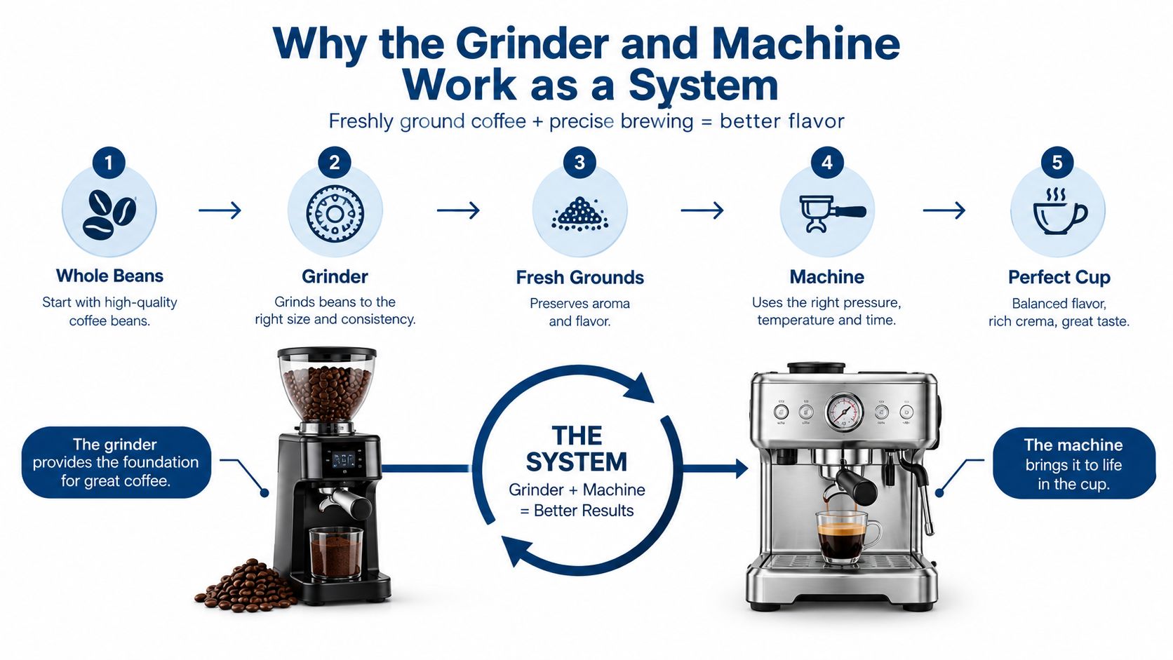 An infographic illustrating the five steps of the coffee brewing process using a grinder and espresso machine.