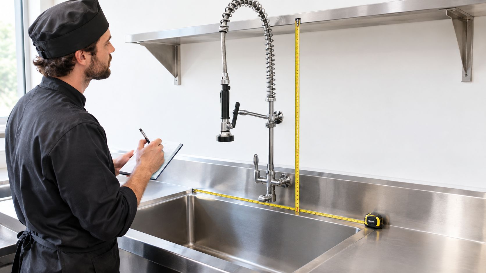 A professional chef in a black uniform measuring a stainless steel commercial kitchen faucet with tape.