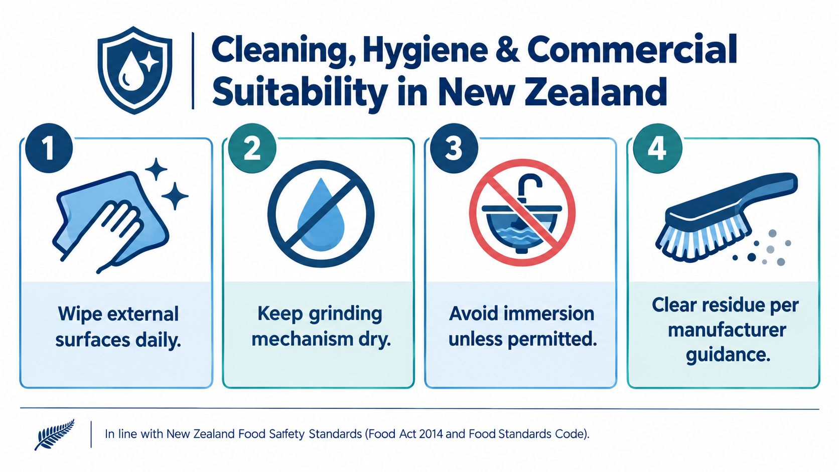 An infographic detailing cleaning and hygiene instructions for commercial kitchen equipment under New Zealand food safety standards.