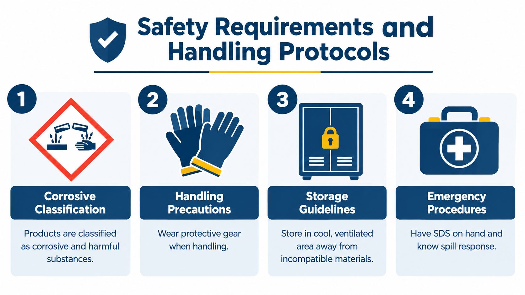An infographic outlining four essential safety requirements and handling protocols for corrosive chemical products in a workplace.