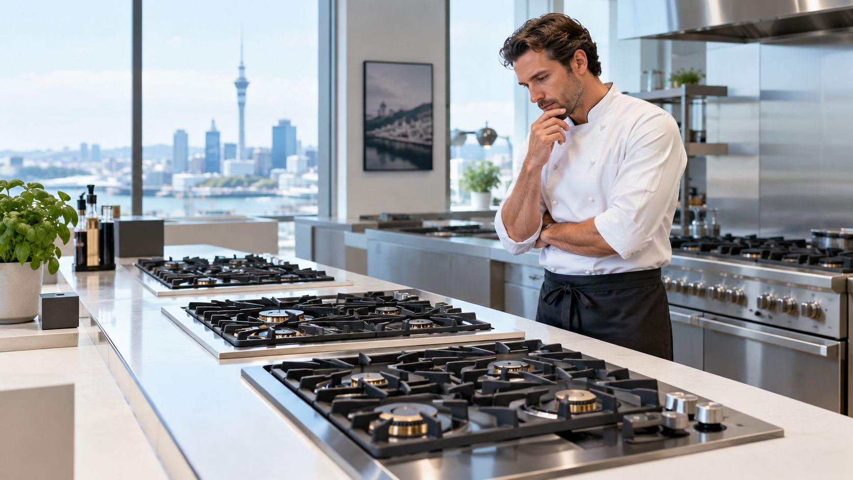 A professional chef stands in a modern commercial kitchen in Auckland looking over gas cooktops.