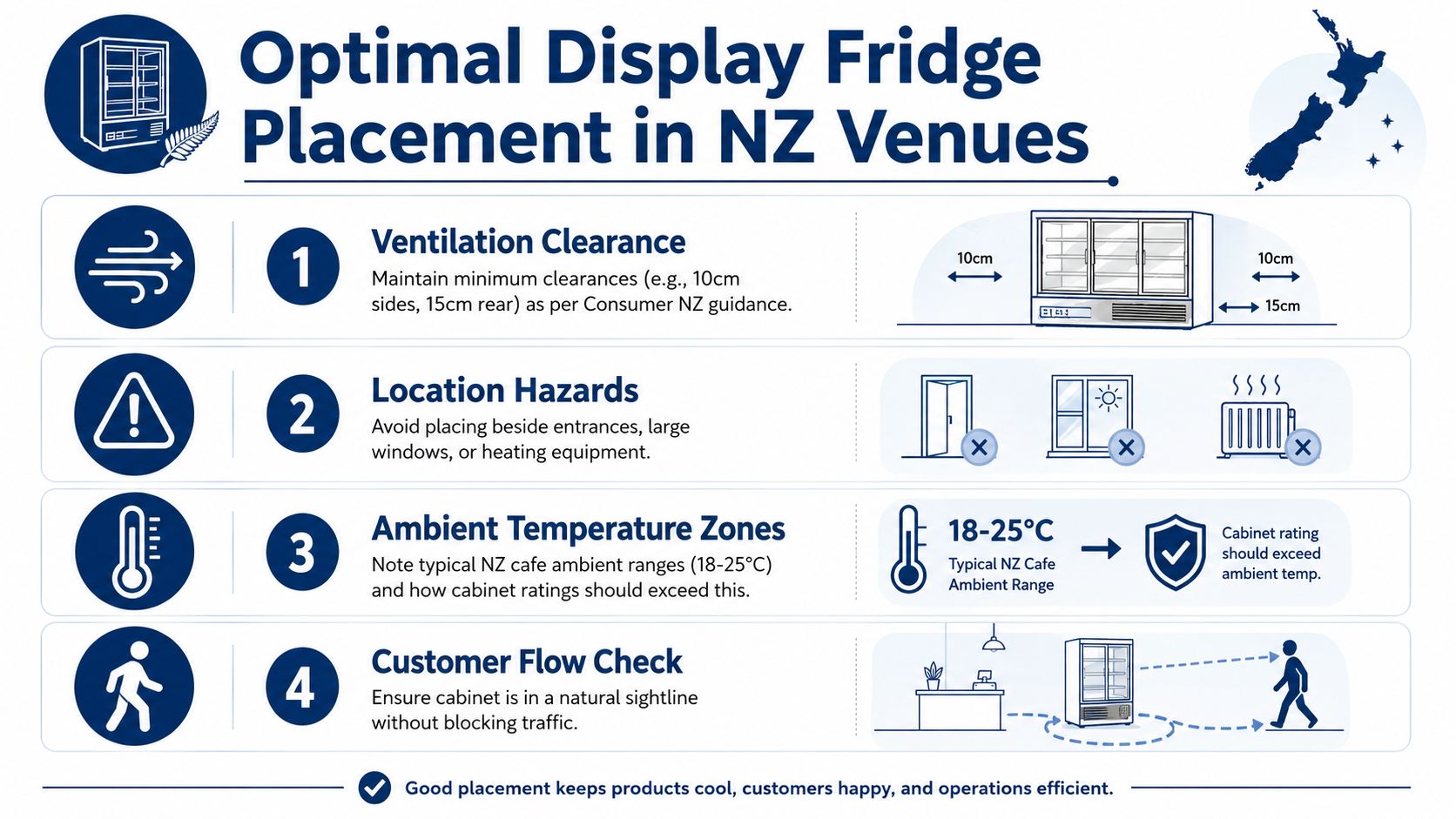 An infographic illustrating optimal display fridge placement in New Zealand venues for better efficiency and cooling.