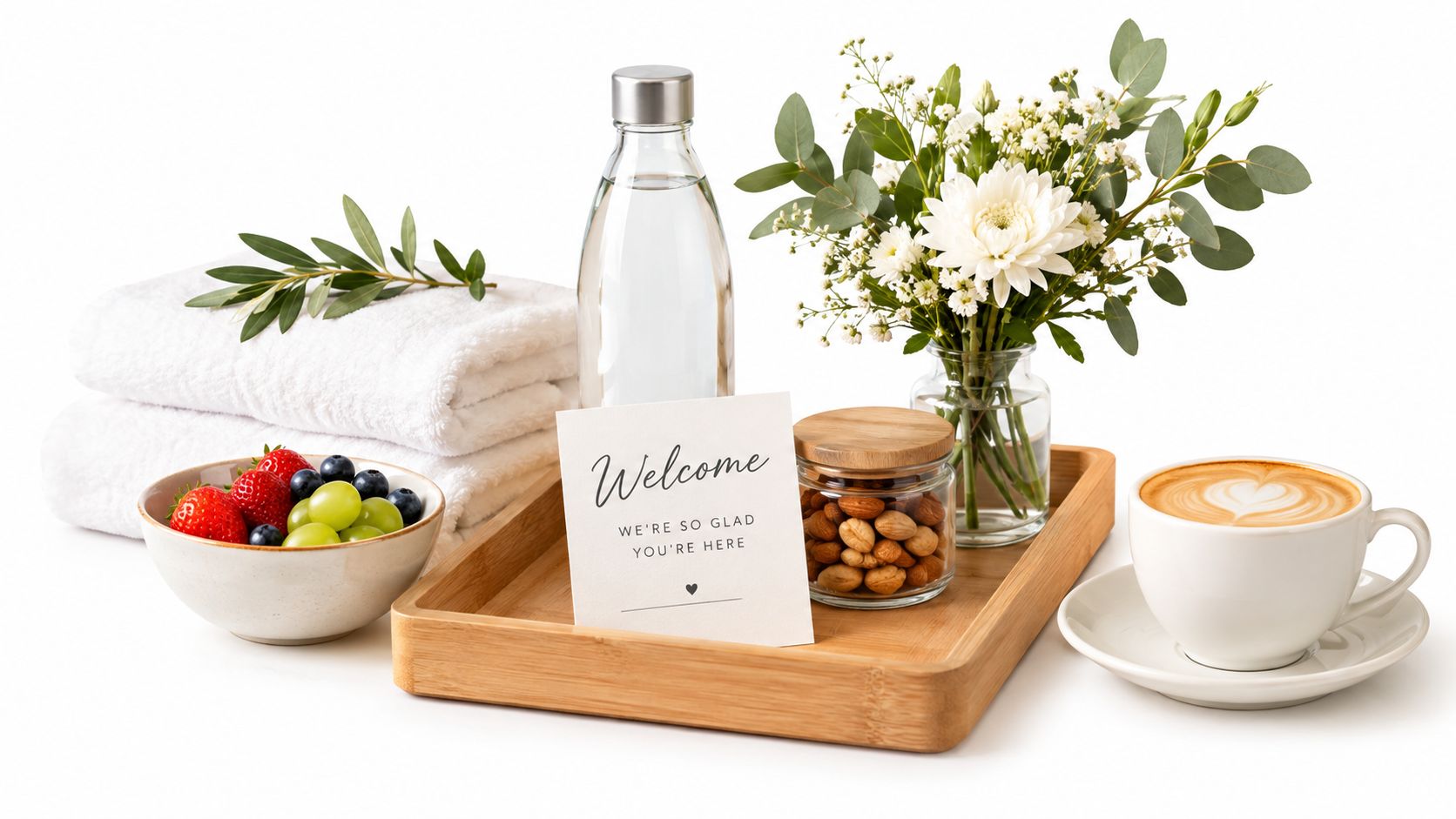 A welcoming hospitality set with fresh fruit, water, nuts, a greeting card, and coffee on a tray.