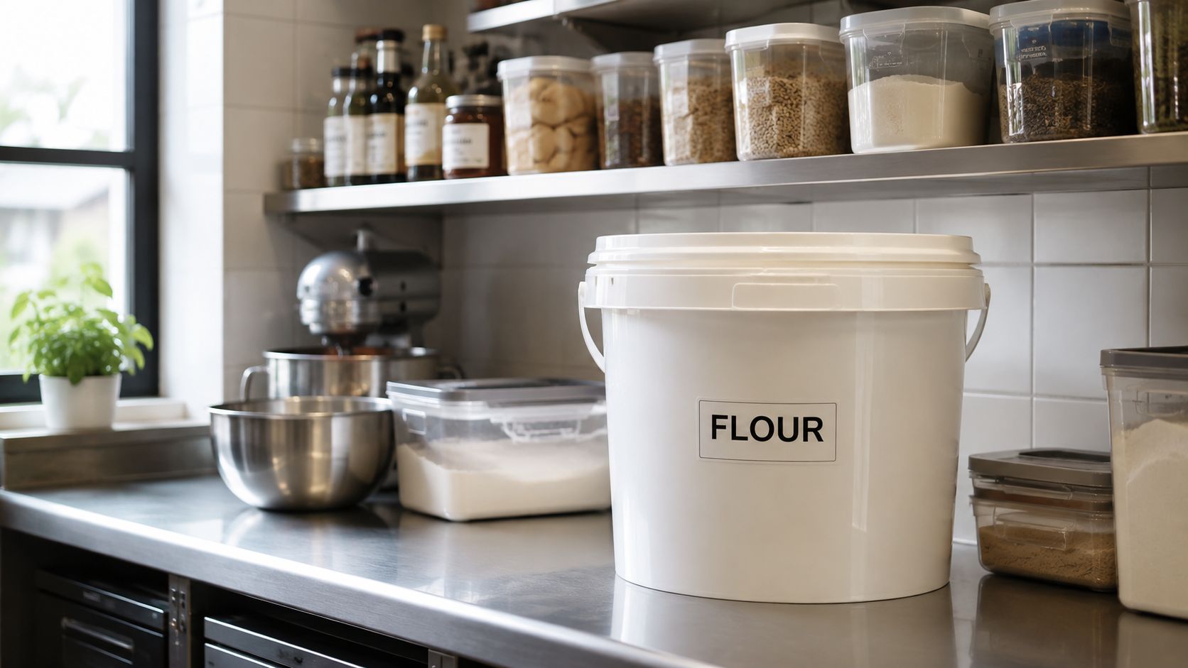 A large white plastic bucket labeled Flour sits on a stainless steel commercial kitchen counter.