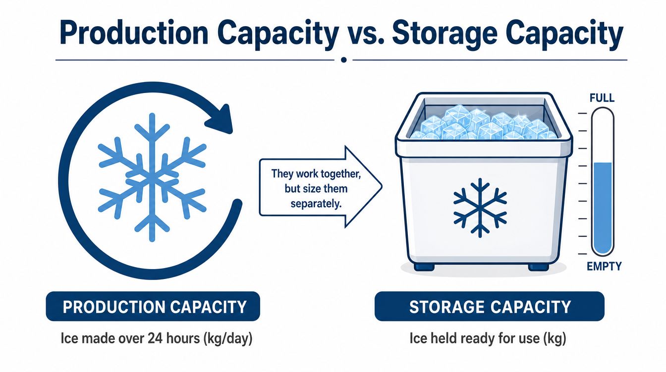 An infographic illustrating the difference between ice maker production capacity per day and total storage capacity.