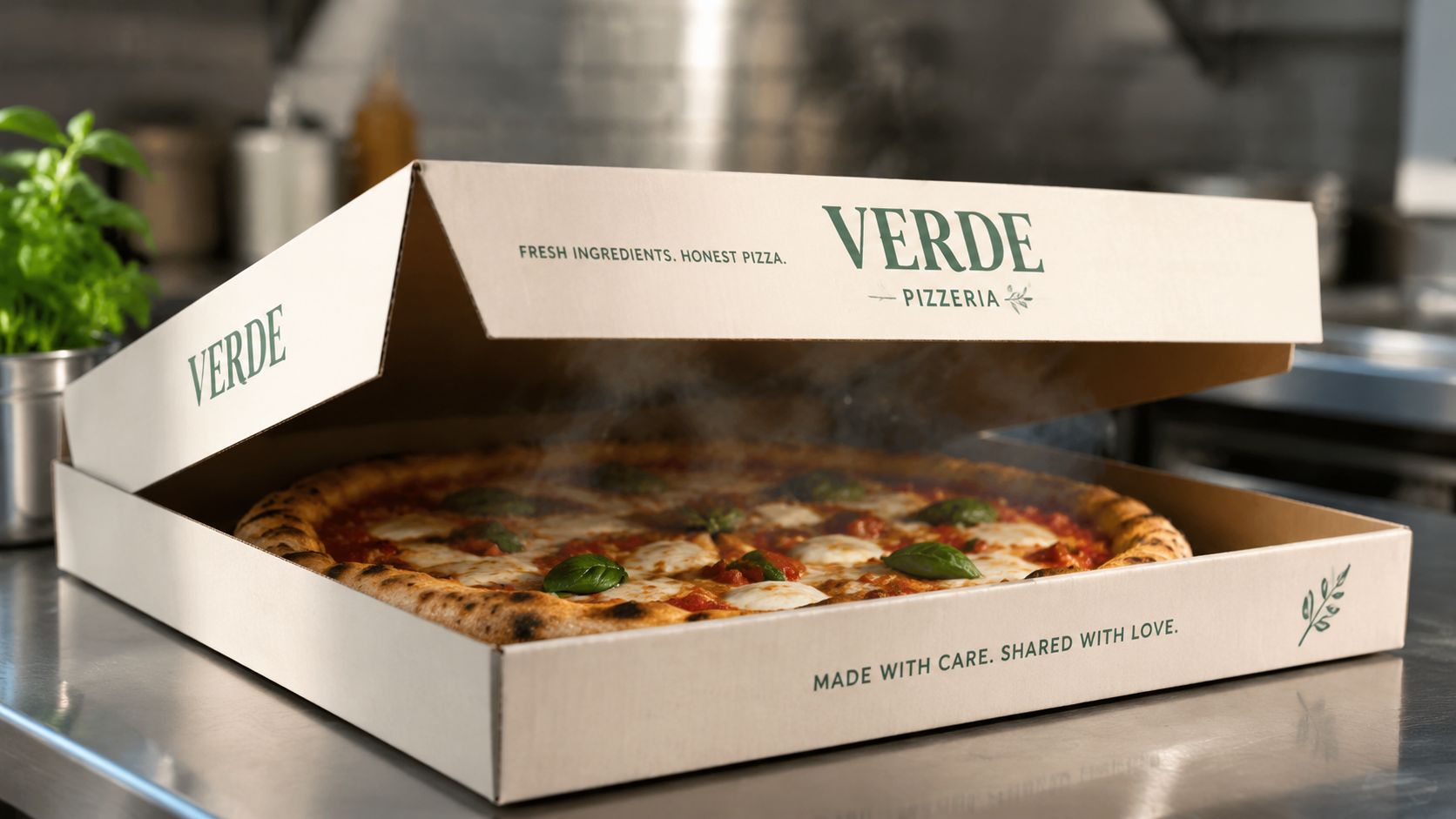 A steaming hot pizza in a branded cardboard box from Verde Pizzeria sitting on a metal counter.