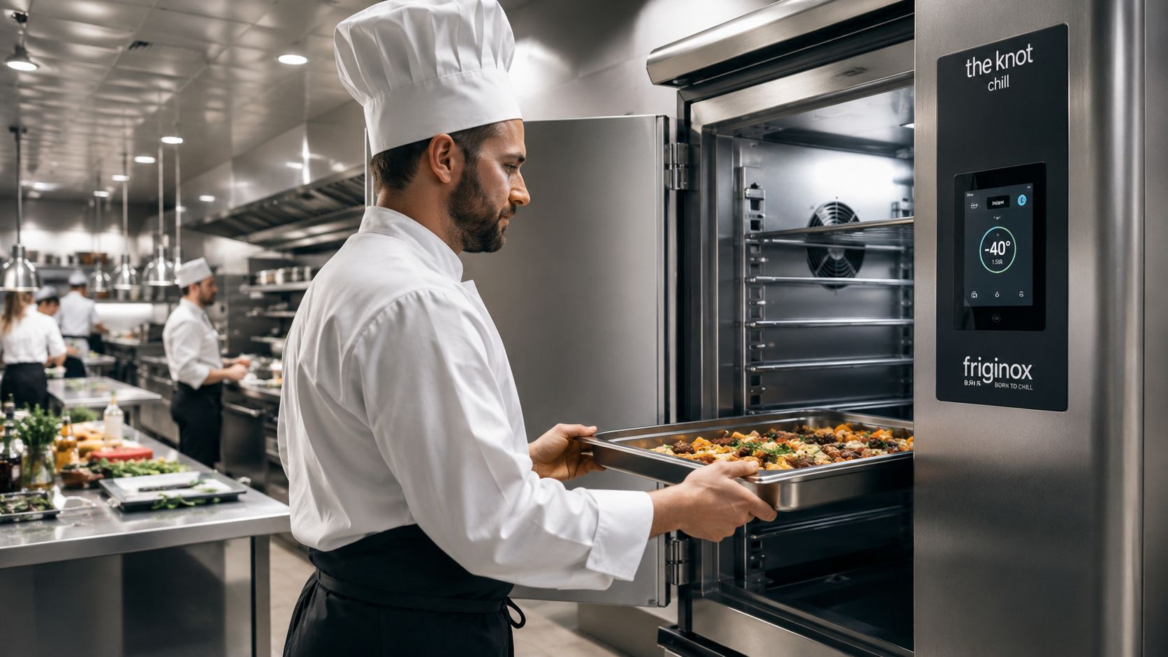A professional chef in a white uniform places a tray of food into a Friginox blast chiller.