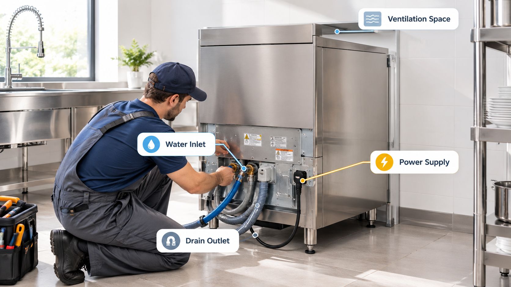 A professional technician installing and connecting pipes to a commercial cafe dishwasher unit in a kitchen.