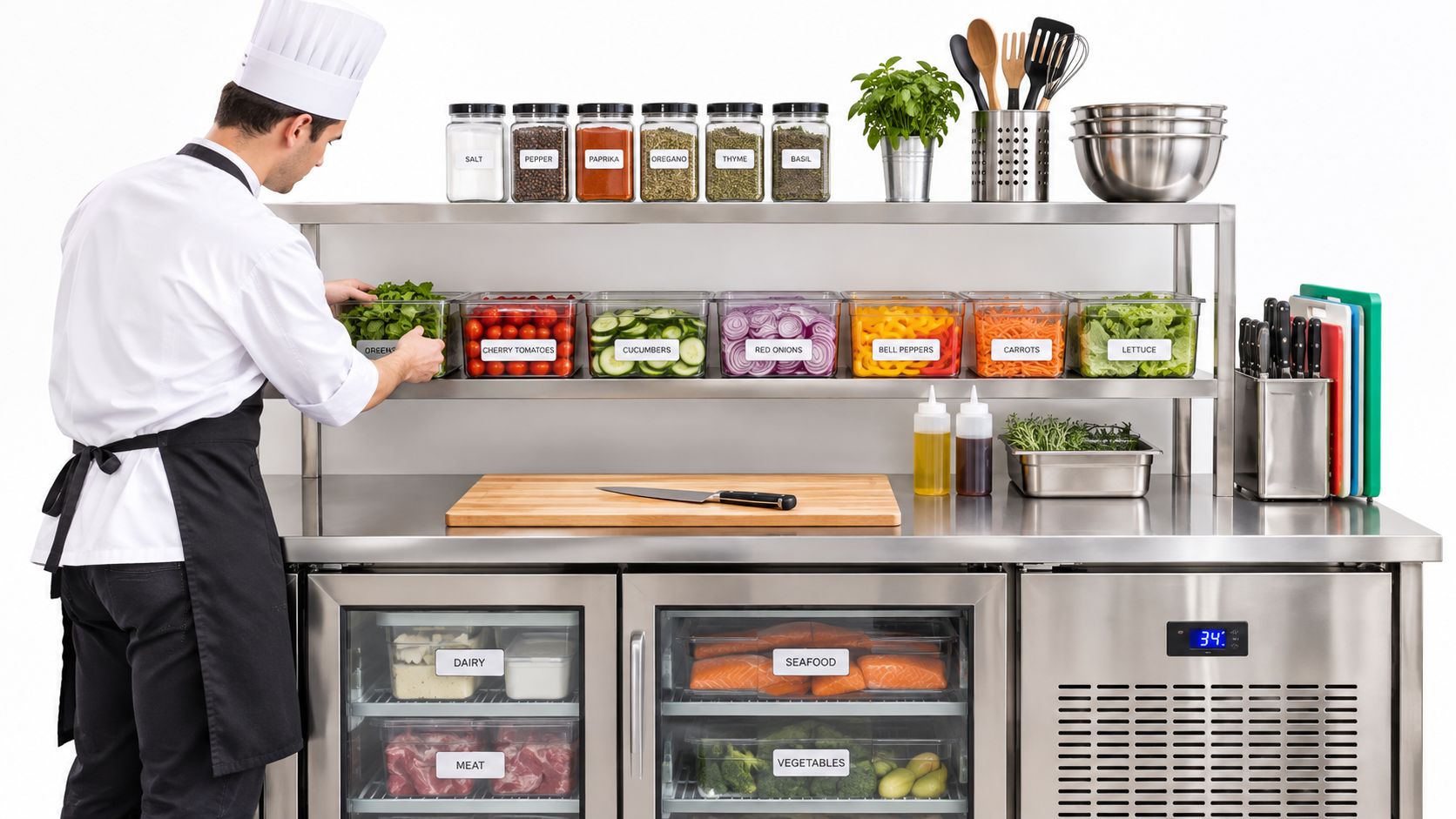A professional chef organizing fresh vegetables in a clean, modern, stainless steel restaurant kitchen workstation.