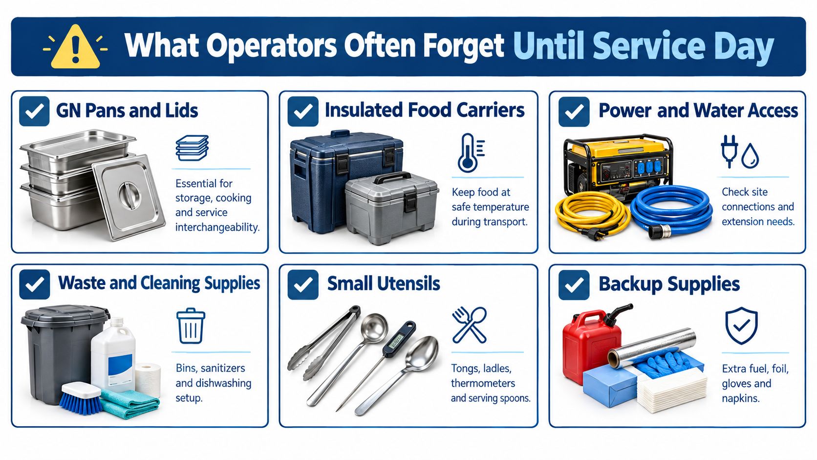 A helpful infographic outlining essential items operators often forget to bring for catering service days.