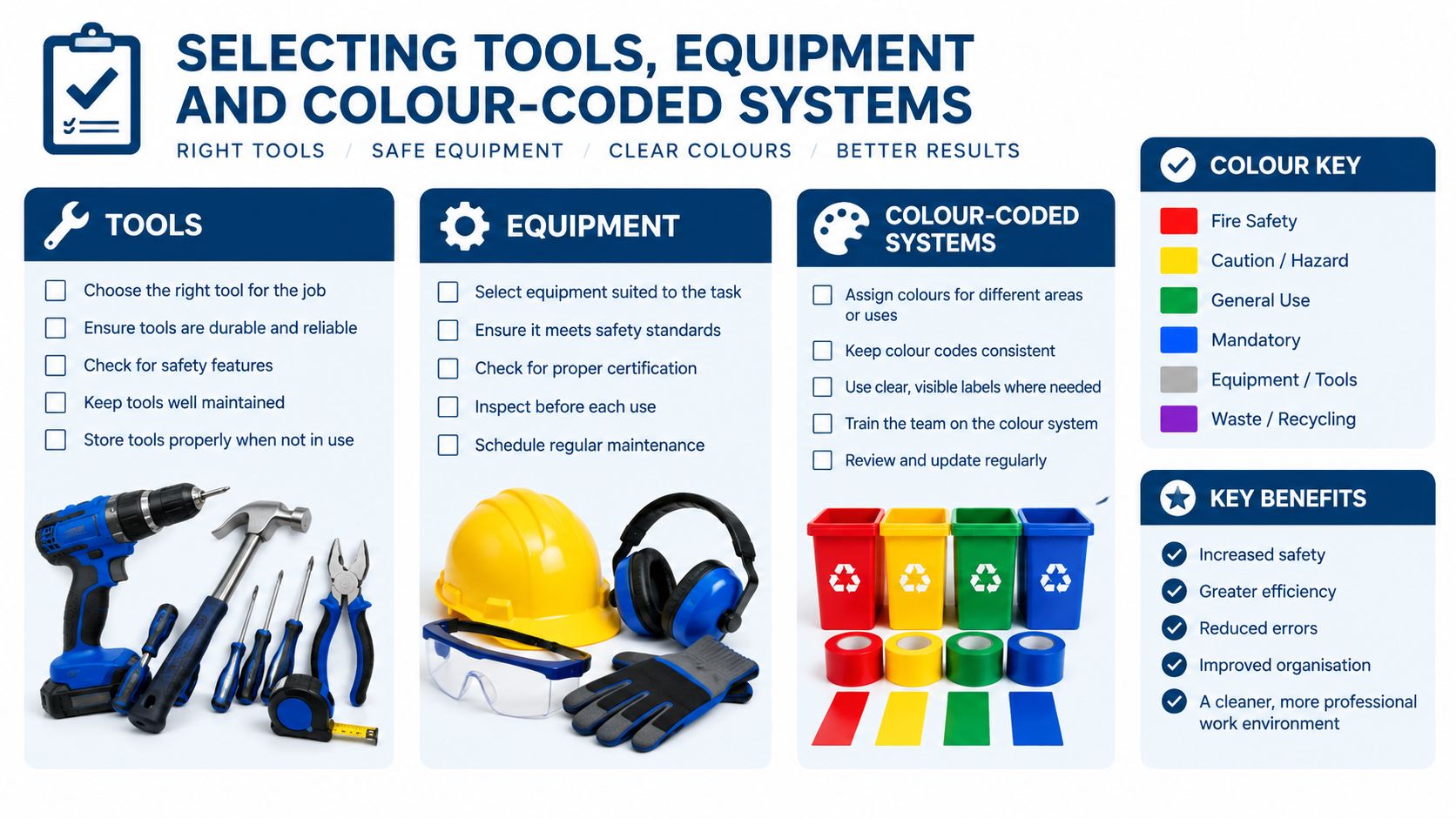 A professional infographic outlining a checklist for selecting tools, equipment, and implementing effective colour-coded safety systems.