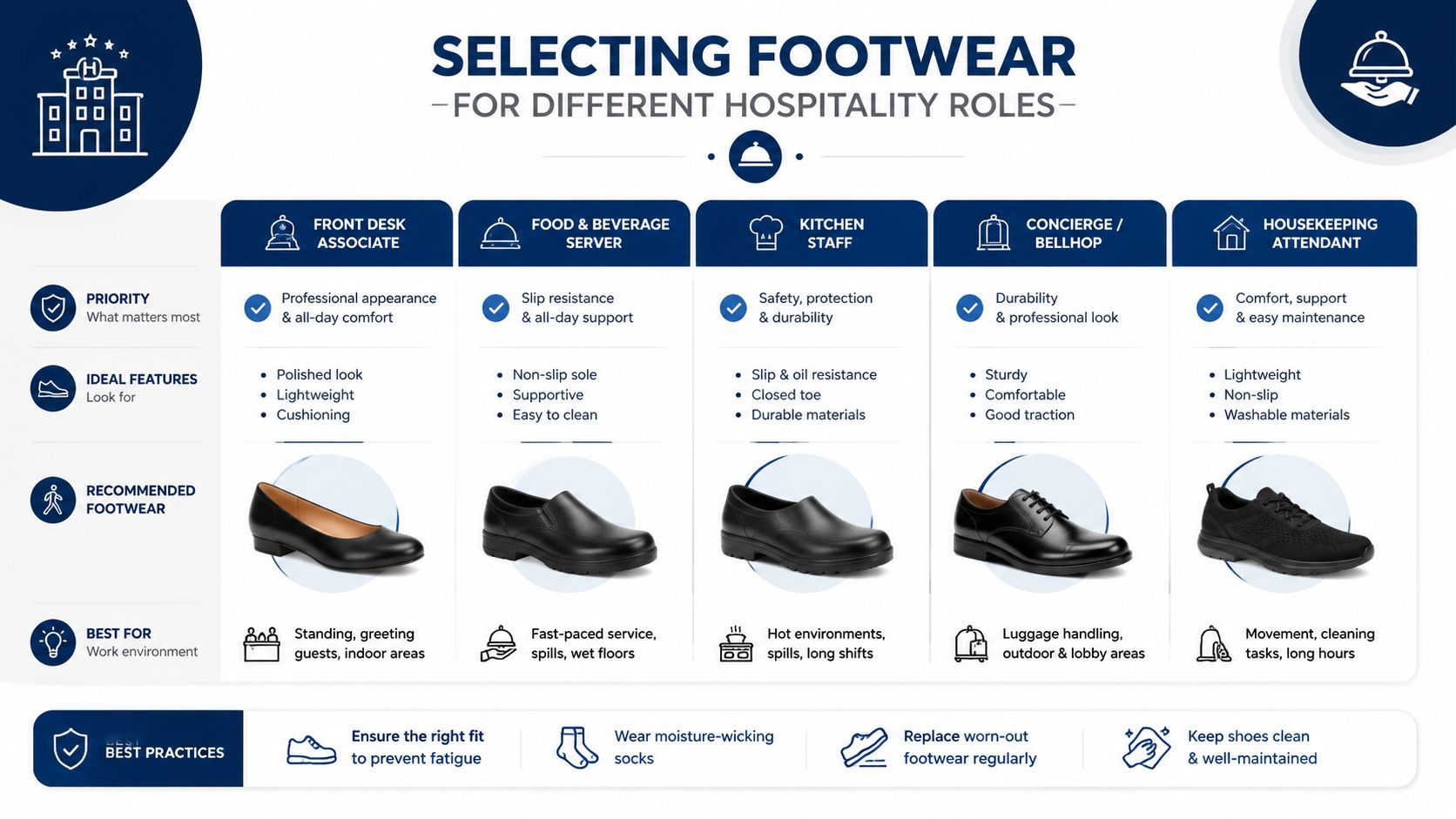 A guide chart for selecting appropriate non-slip footwear for various hospitality staff roles and work environments.