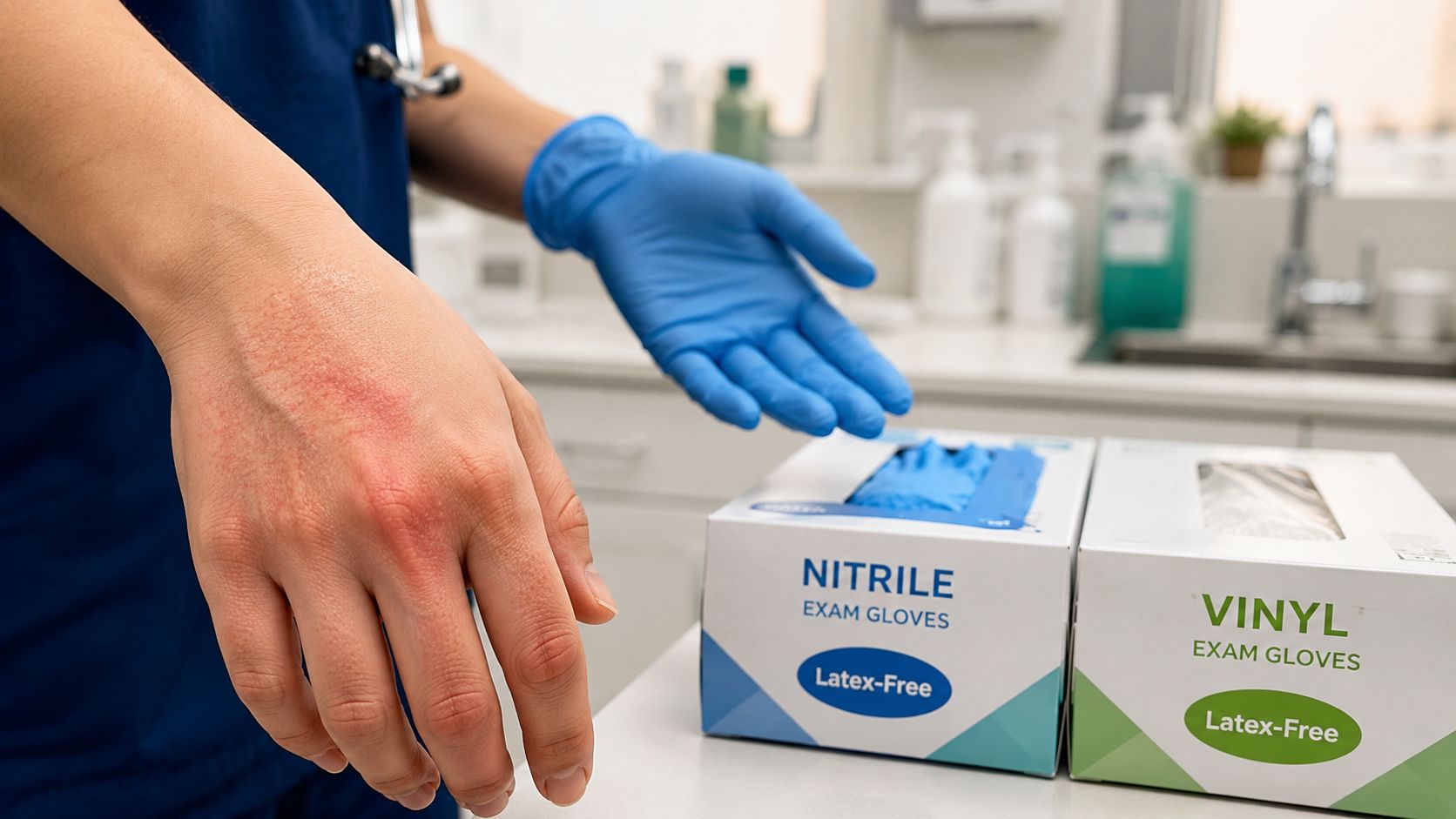 A healthcare worker displaying a red skin rash on their hand next to nitrile and vinyl gloves.