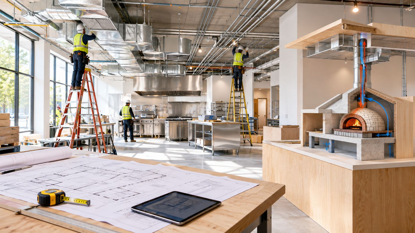 Construction workers installing HVAC systems in a modern restaurant kitchen with a pizza oven diagram on display.