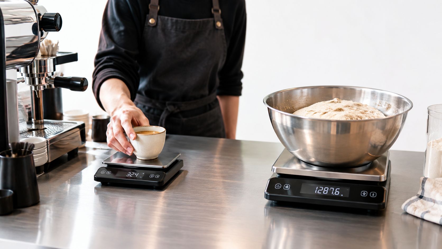 A professional baker using precise digital scales to weigh dough and coffee in a modern commercial kitchen.