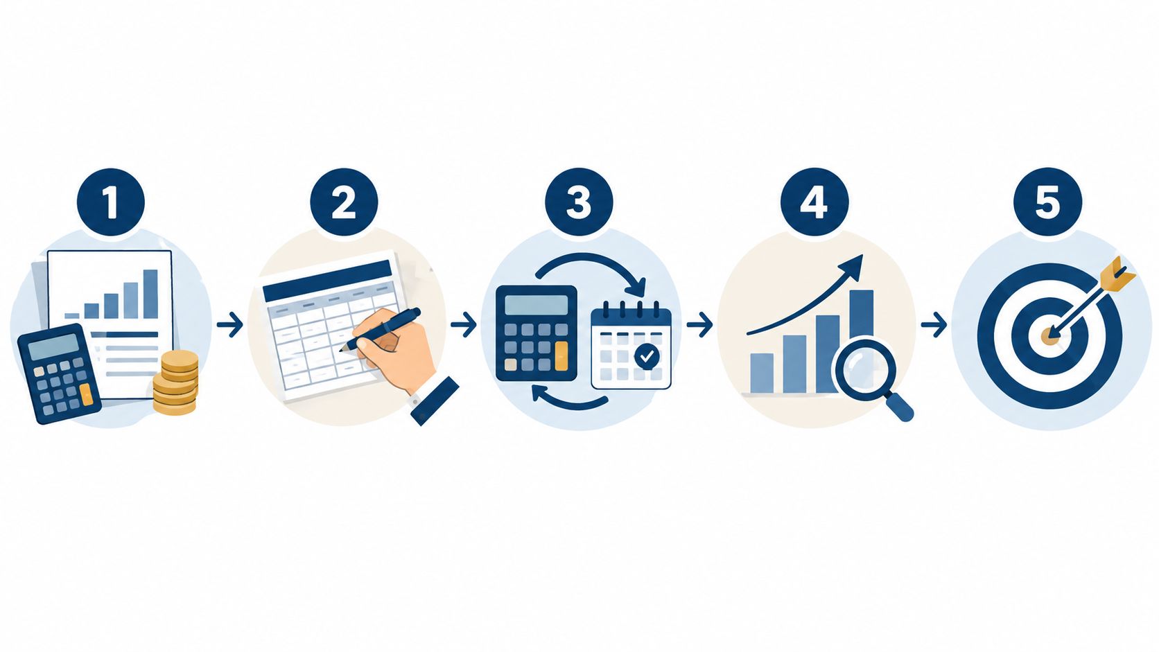 A five-step process illustration showing financial planning, scheduling, calculation, analysis, and goal achievement.