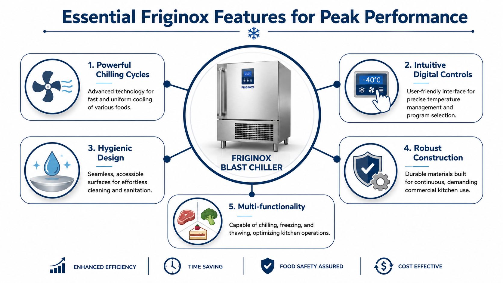 A professional Friginox blast chiller showcasing five essential performance features for modern commercial kitchen operations.