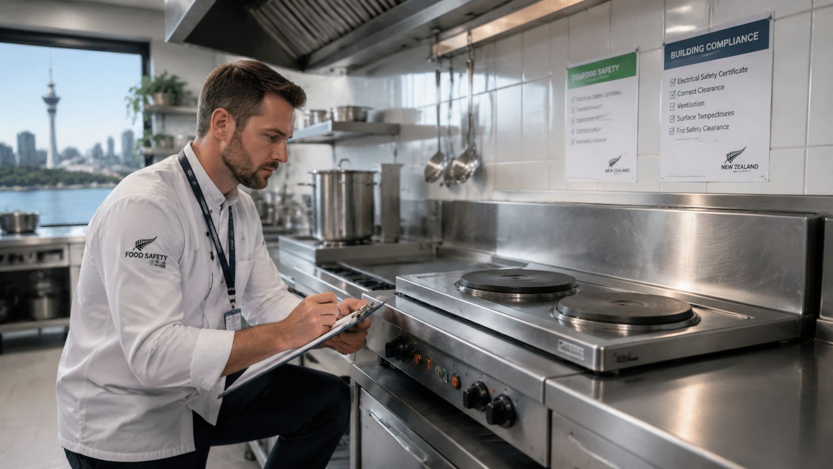 A professional food safety inspector checks a commercial stove in a New Zealand kitchen facility.