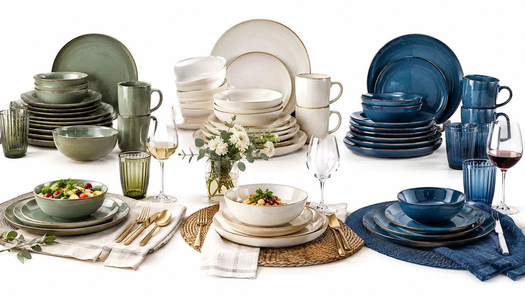 Three sets of modern ceramic tableware in green, white, and blue arranged elegantly on a white surface.