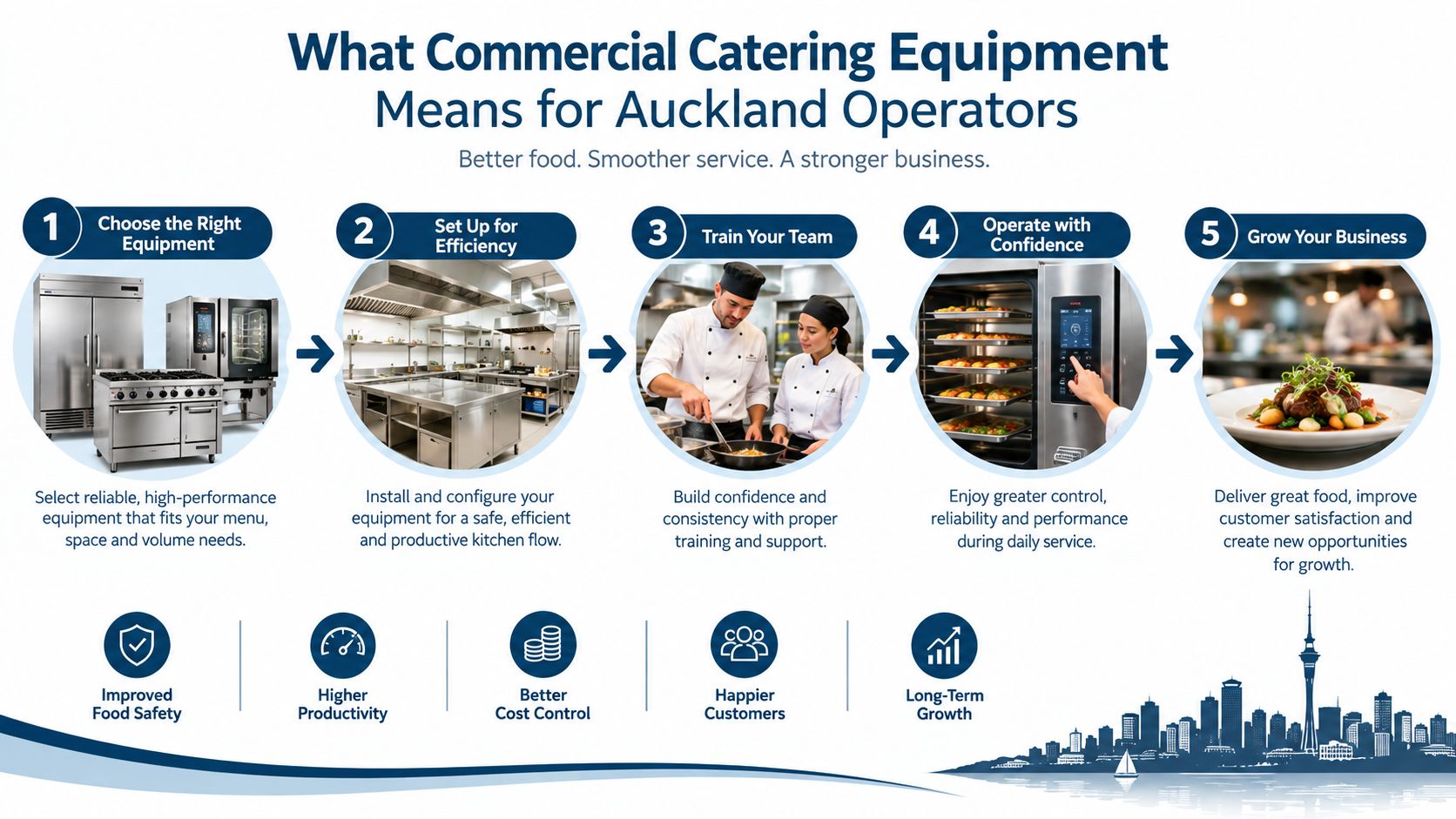A five-step guide for Auckland catering operators on optimizing food service using commercial kitchen equipment.