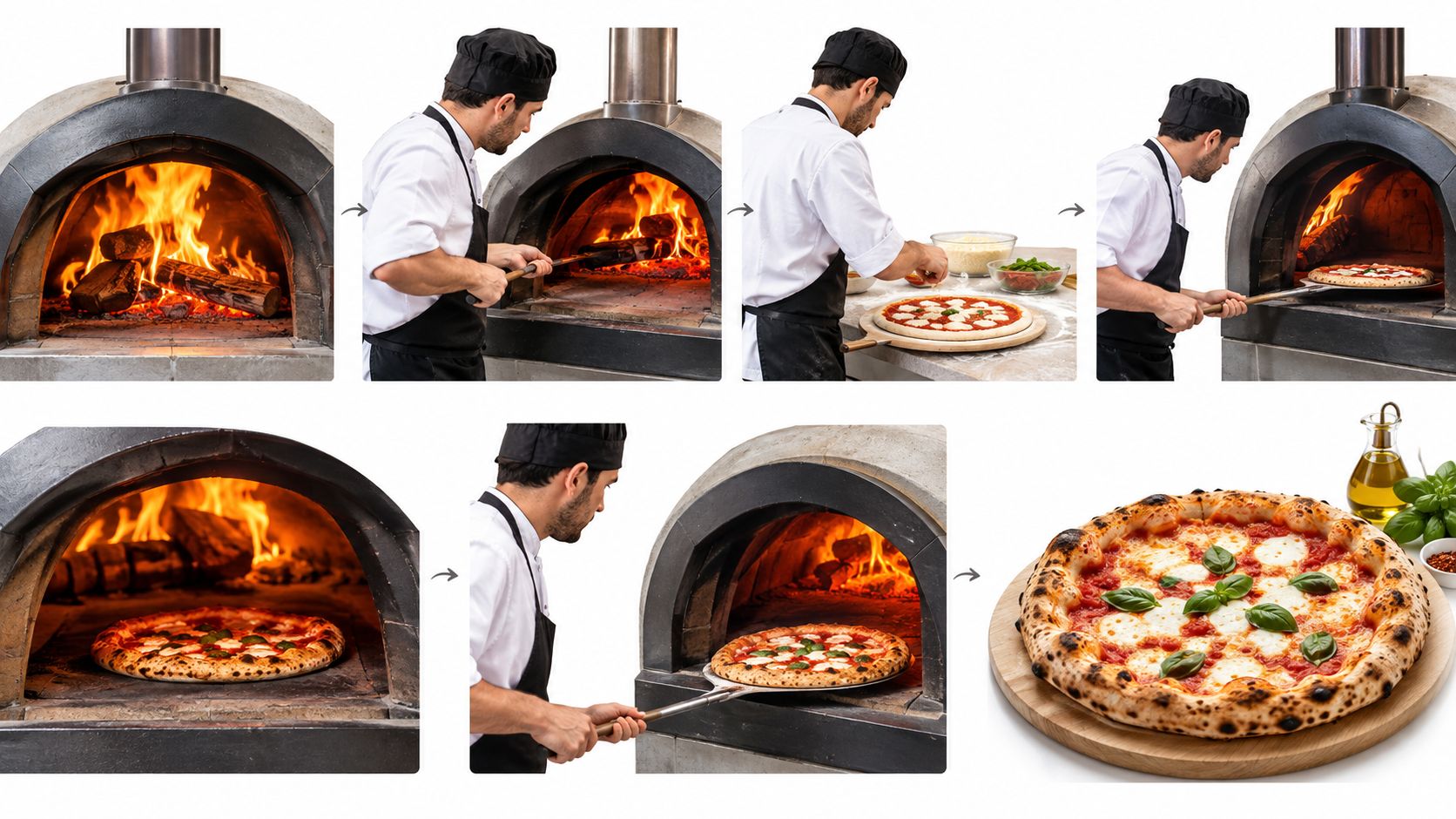 A professional chef preparing and cooking a fresh Margherita pizza inside a traditional stone wood fired oven.