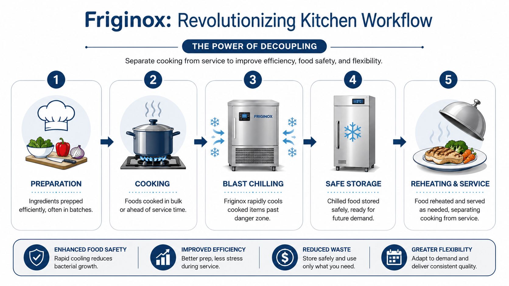 A five-step workflow diagram showing how Friginox blast chillers streamline kitchen operations from preparation to serving.