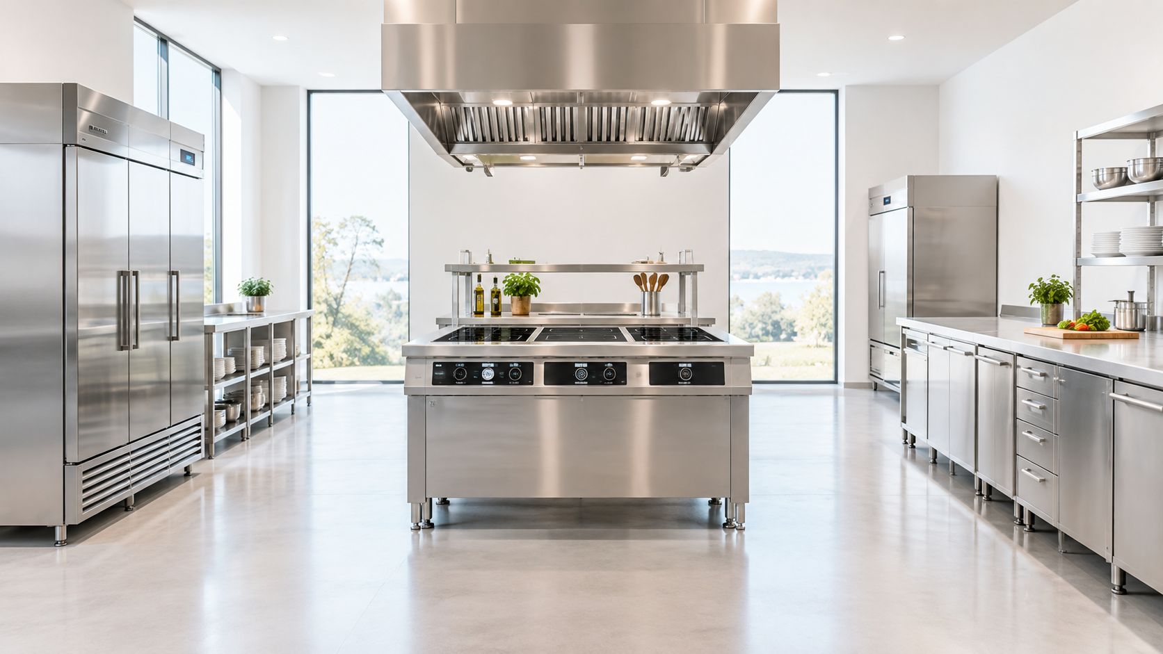 A modern, professional kitchen featuring a central freestanding induction cooker made of polished stainless steel.