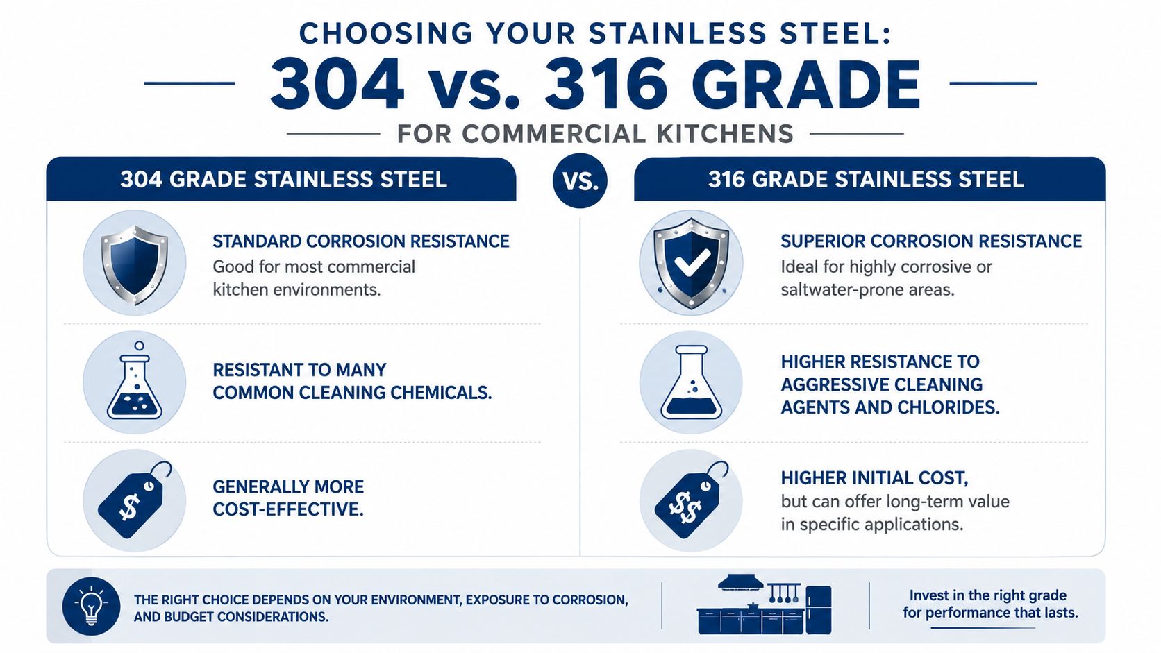 A comparative infographic explaining the differences between 304 and 316 grade stainless steel for commercial kitchens.
