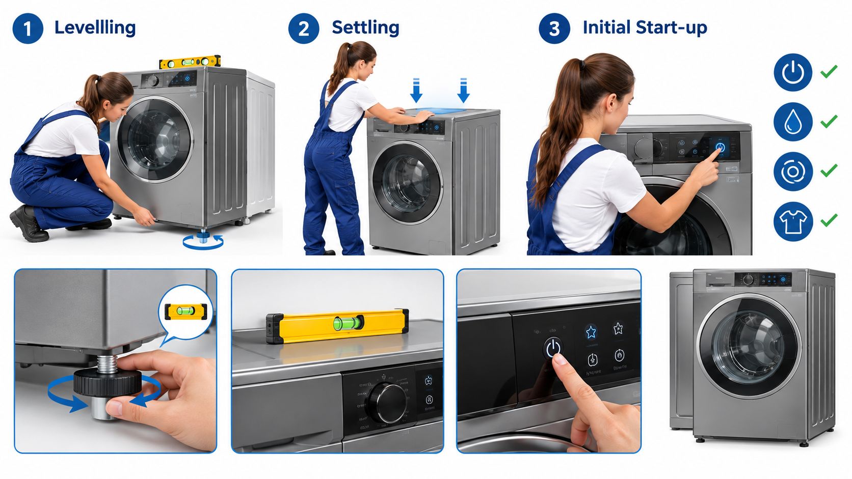 A technician performing the step-by-step installation process for a modern silver washing machine in a home.