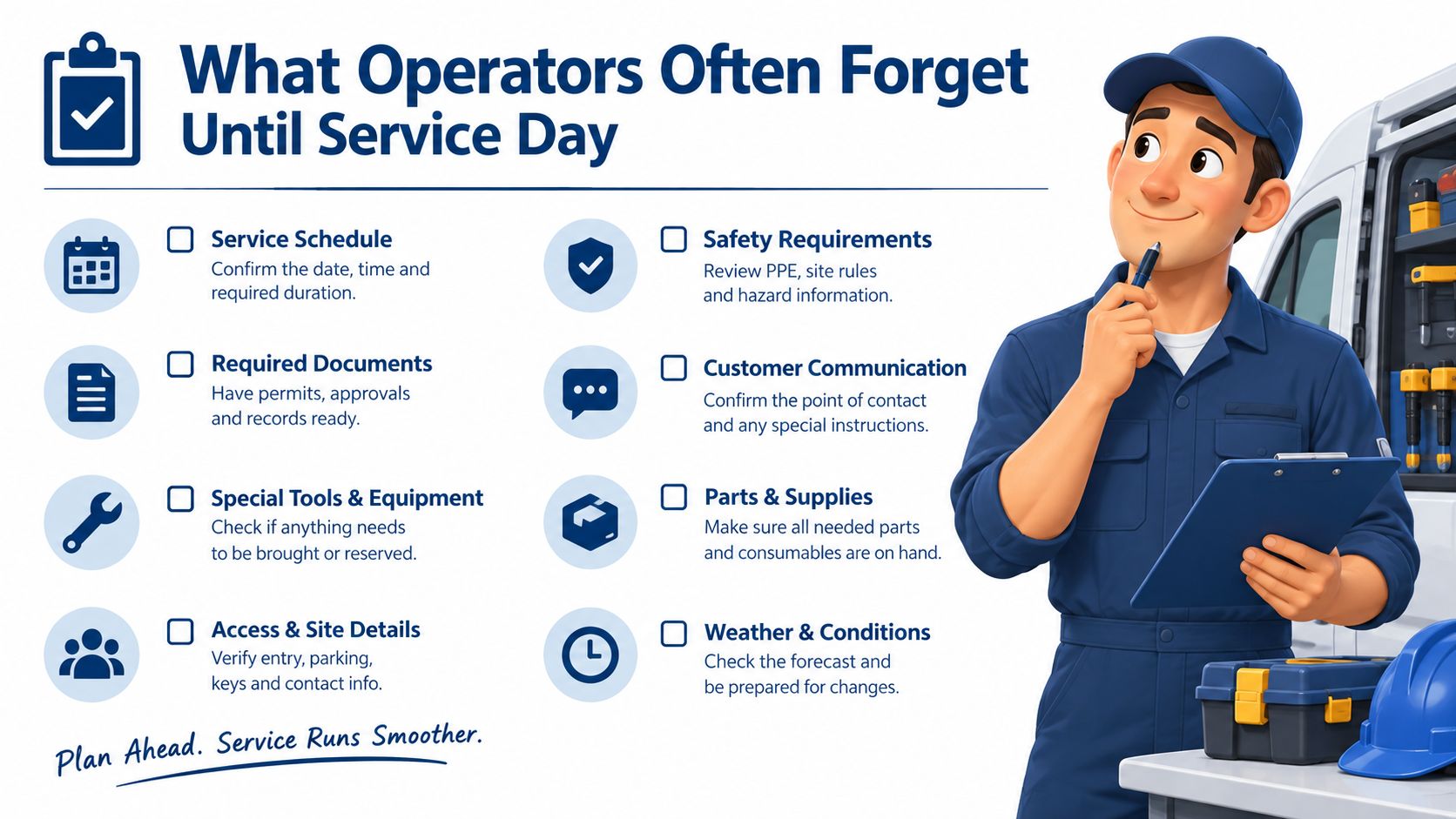 A service technician with a clipboard reviewing a checklist of tasks to prepare for service day visits.