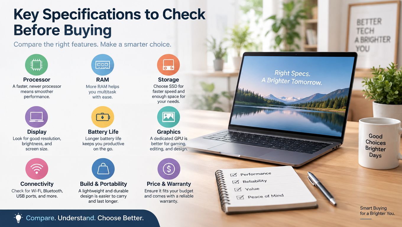 An infographic displaying key technical specifications to consider when buying a new laptop computer.