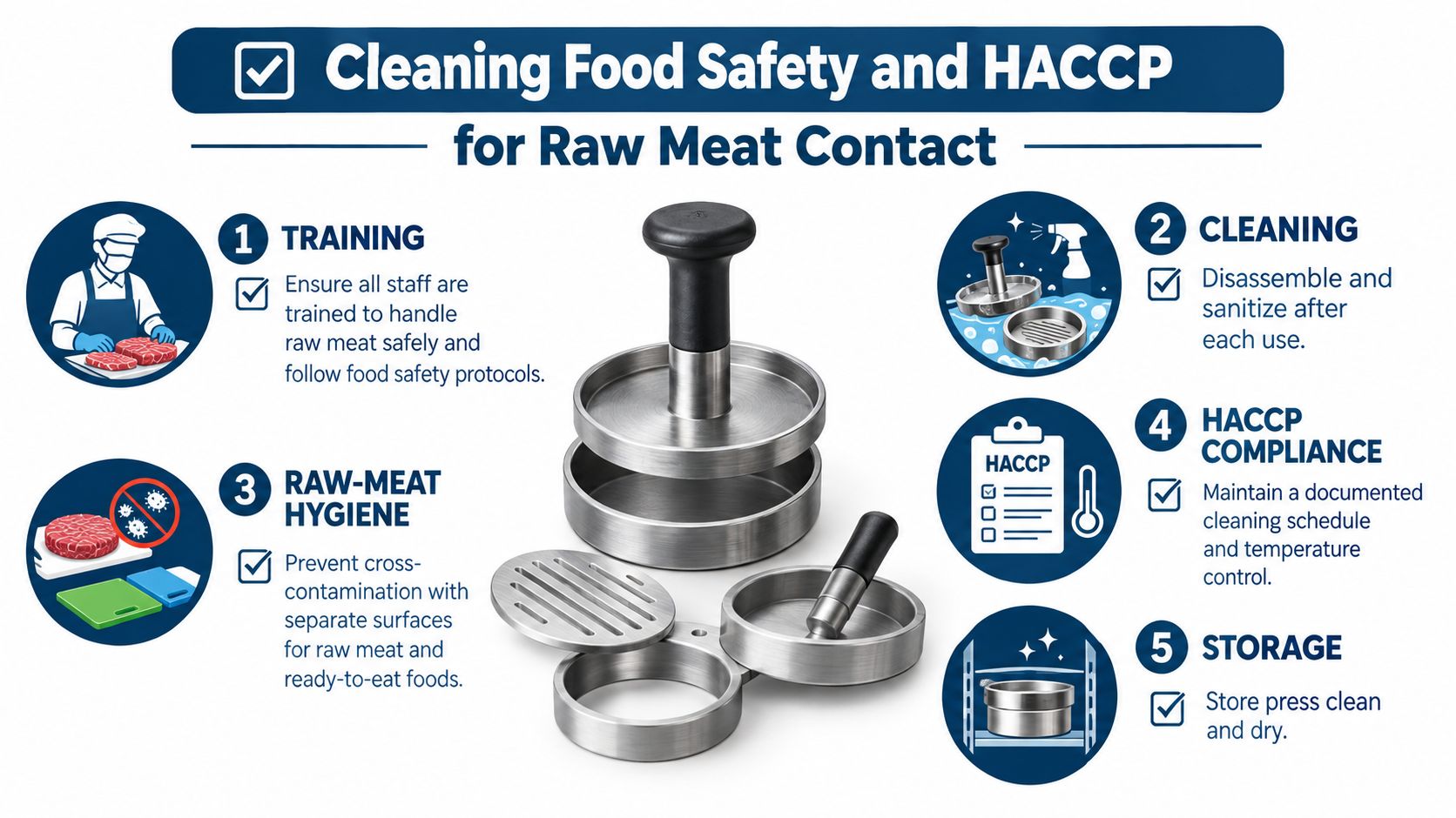 An infographic detailing essential food safety and HACCP cleaning procedures for using a meat burger press.